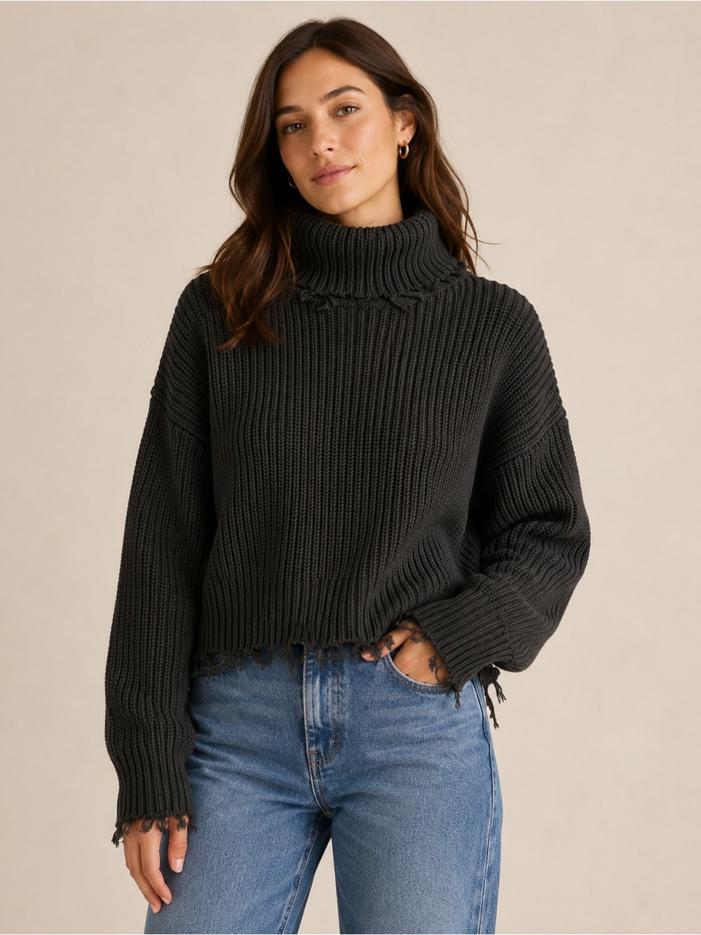 525 America Dark Olive Ribbed Distressed Turtleneck Sweater